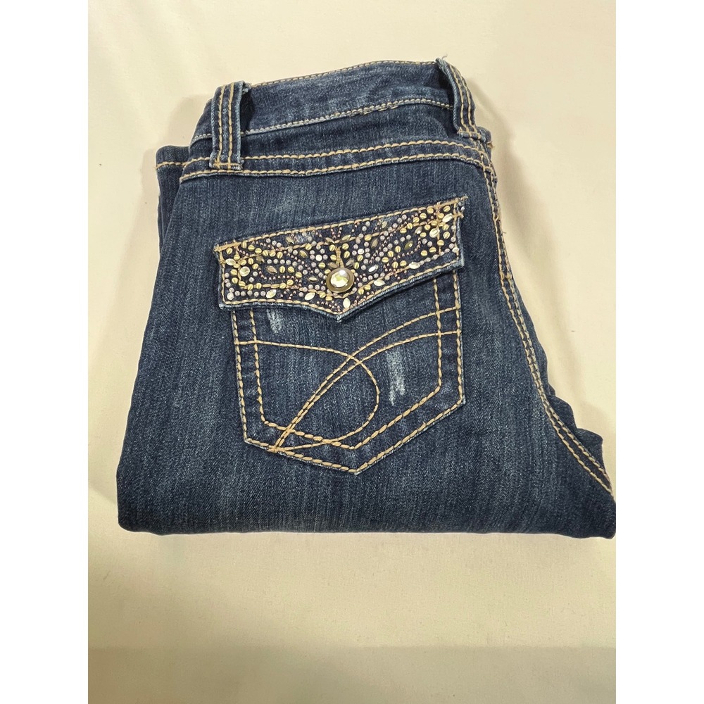 INC Denim Women Bootcut Jeans Embellished Pockets Distressed Medium Wash Sz 4